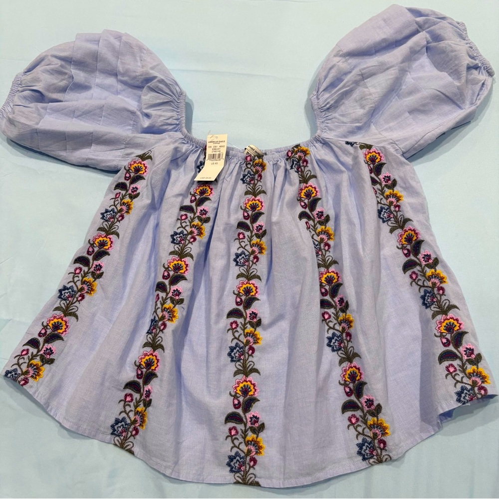American Eagle puff sleeve peasant top with embroidery in powder blue, size xs